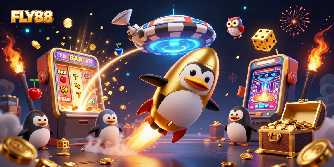 Experience thrilling gameplay at FLY88 with golden penguin and exciting casino elements.