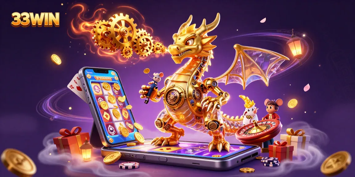 Experience the thrilling excitement of 33WIN with a vibrant 3D illustration featuring a majestic dragon amidst casino elements.