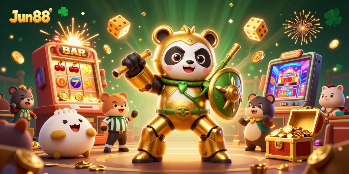 Engage in the vibrant world of Jun88 with a dynamic 3D casino scene bursting with action and rewards.
