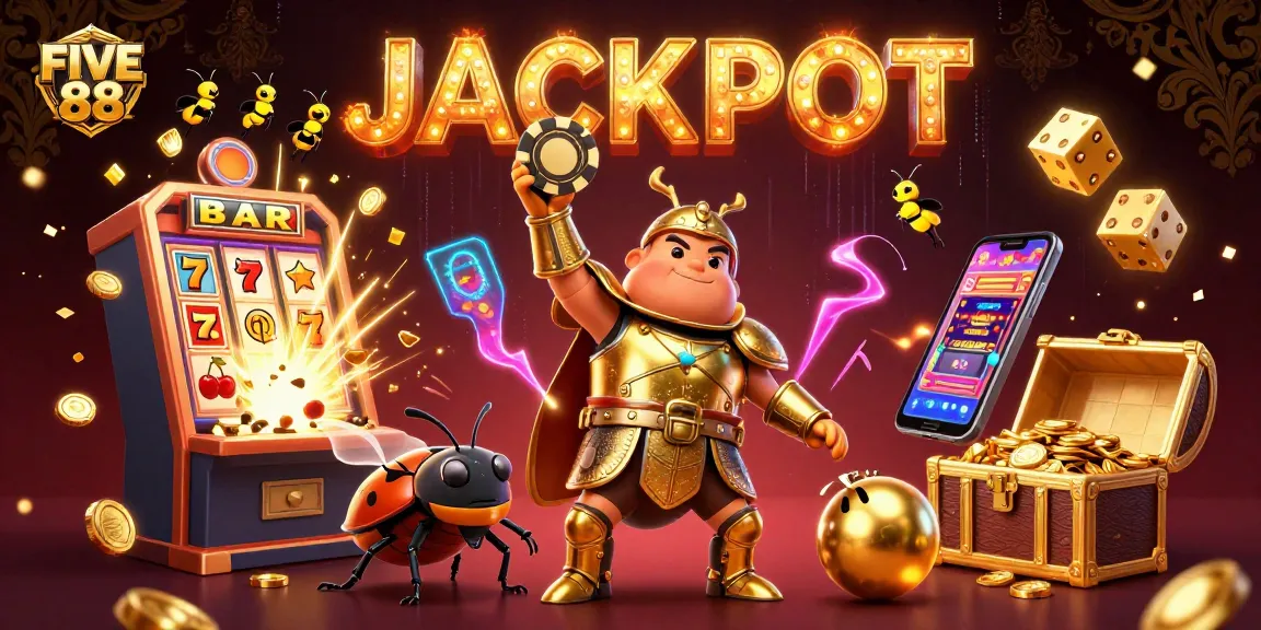 Engage with FIVE 88's vibrant illustration of a victorious beetle and jackpot elements in a dynamic casino scene.
