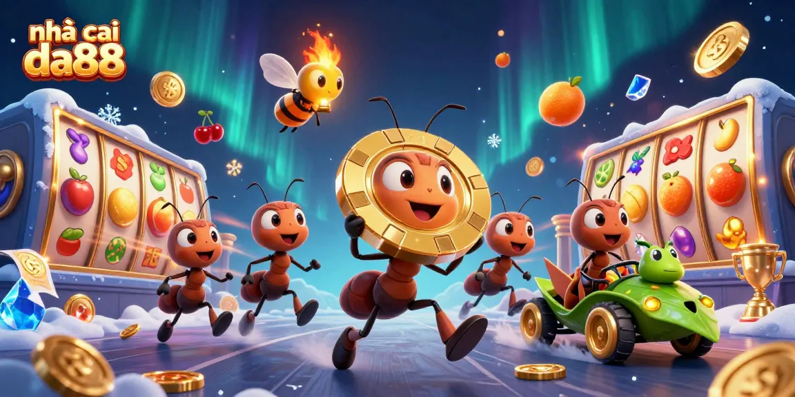 Engaging scene with nhà cái da88's ants heist, featuring dynamic slot reels and fruit symbols.
