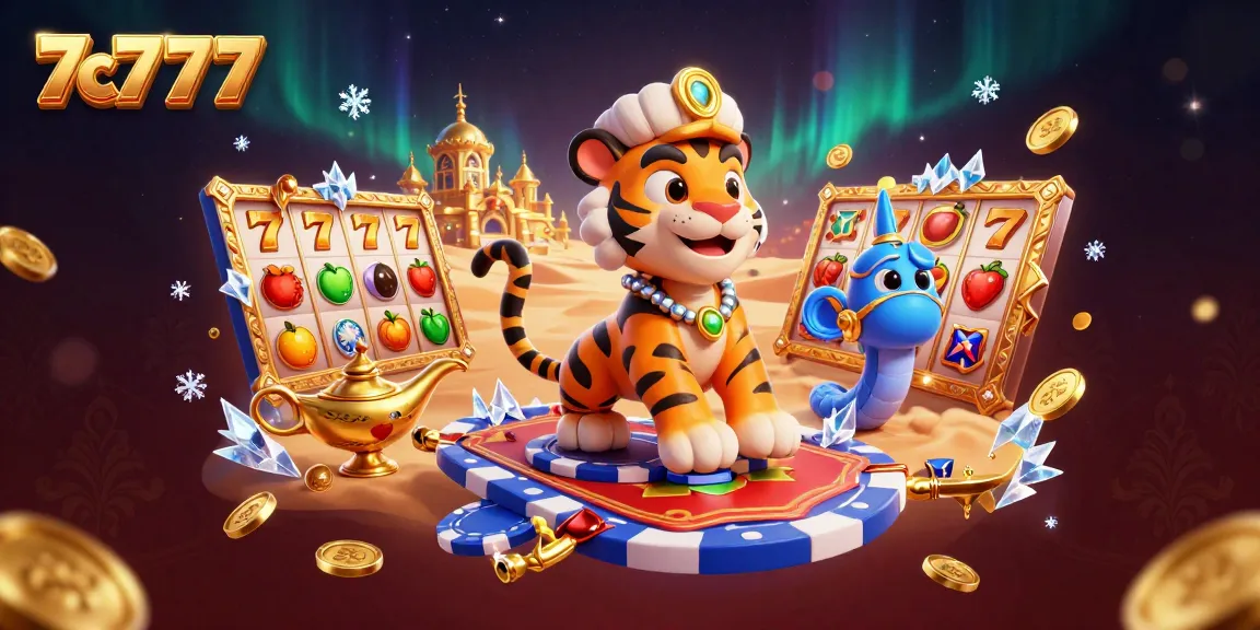 Experience the excitement of 7c7777 slots with a vibrant 3D illustration featuring gaming elements and characters.