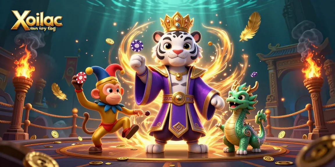 Xoilac xem trực tiếp showcases thrilling casino action with vibrant characters, poker chips, and dynamic gaming elements.