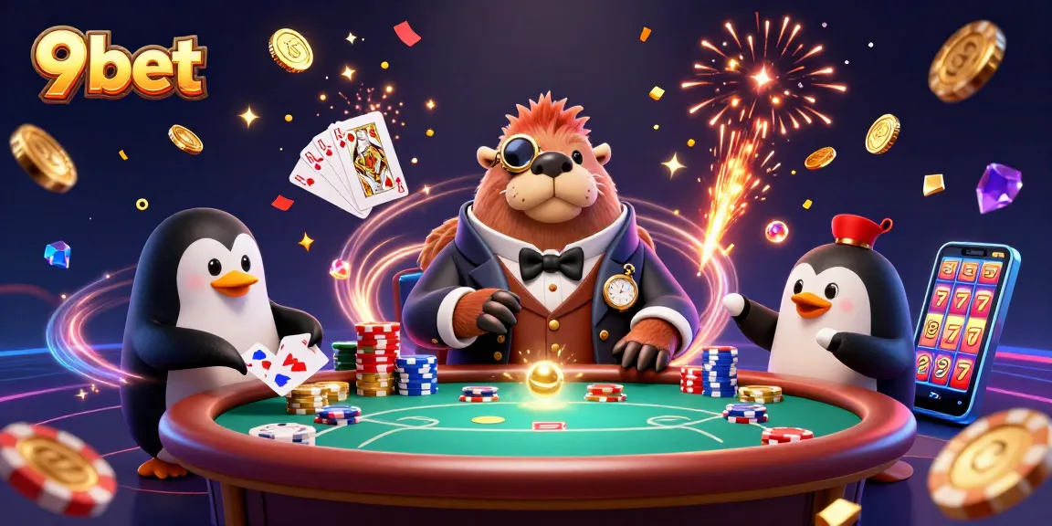 Experience the excitement of 9bet with a jolly walrus playing poker underwater amidst thrilling casino elements.