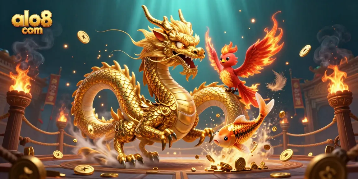 Experience the thrilling action of alo8 com with a golden dragon and phoenix amidst dynamic casino elements.