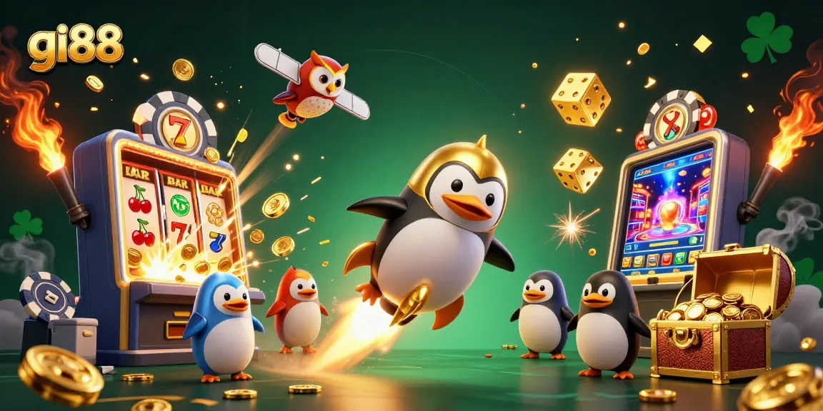 Experience thrilling wins at gi88 with a golden penguin racing towards casino glory amidst a jackpot explosion.