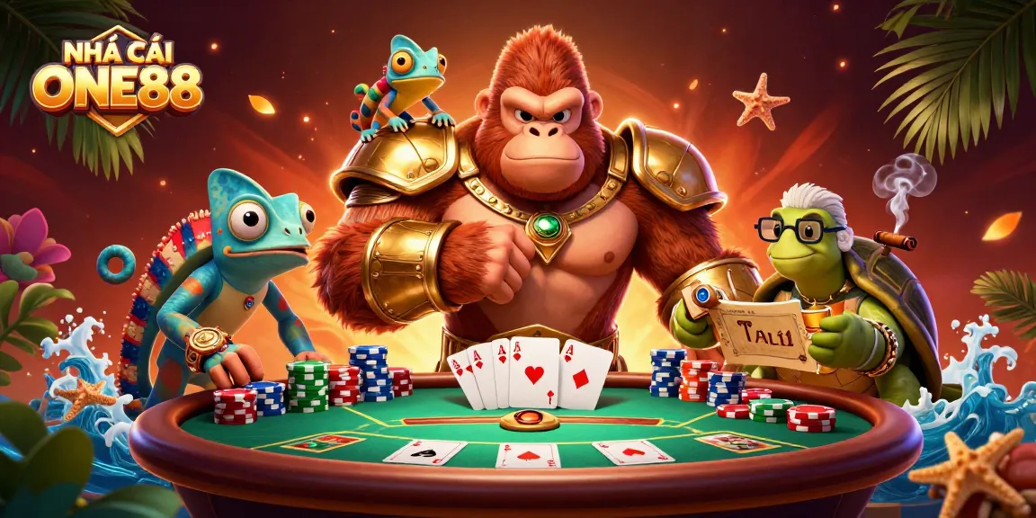 Engage in thrilling gaming action with NHÀ CÁI ONE88, featuring vibrant casino characters and dynamic poker elements.