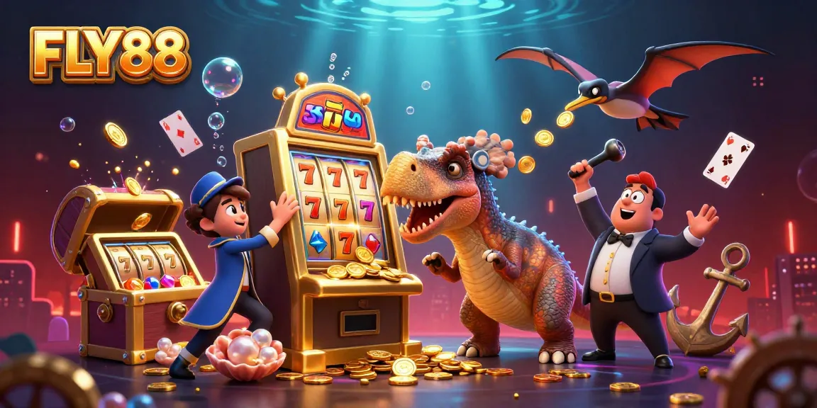 FLY88 offers thrilling slot jackpots with vibrant 3D characters headbutting machines amidst a casino-themed underwater adventure.