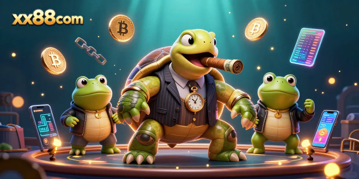 Experience thrilling action at xx88com with vibrant cartoon characters and crypto elements in a lively casino setting.