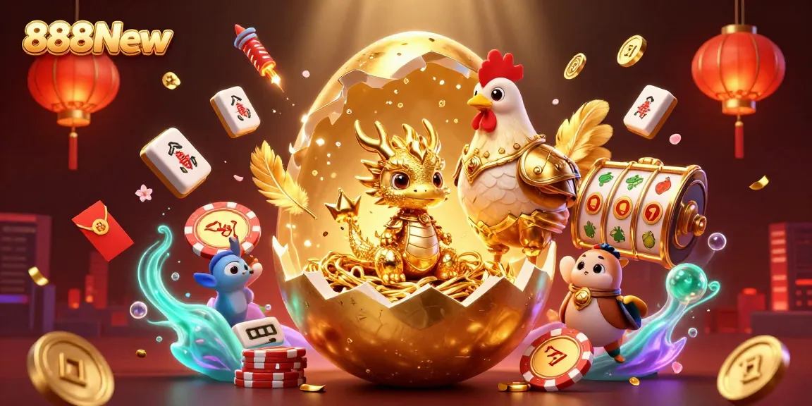 Engage in thrilling action with 888New's vibrant gaming ecosystem showcasing a golden dragon and slot games.