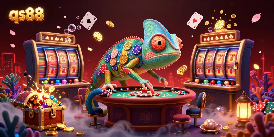 Experience the vibrant energy of qs88 with a captivating illustration of a chameleon casino owner amidst dynamic slots and casino treasures.