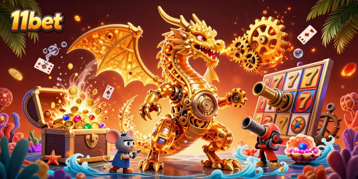 11bet showcases a vivid 3D illustration of a golden dragon amidst dynamic casino elements.