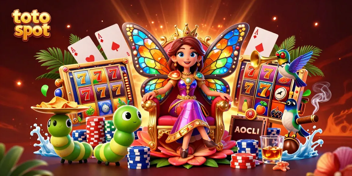 Engage with the excitement of toto slot featuring a vivid scene with a butterfly queen and dynamic slot elements.