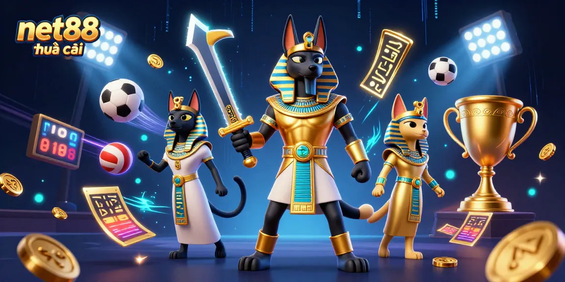 Engage with net88 nhà cái through vibrant illustration showcasing sports betting excitement and ancient Egyptian characters.