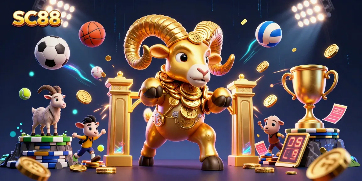 Join the SC88 action with cartoon golden ram charging through a vibrant online casino