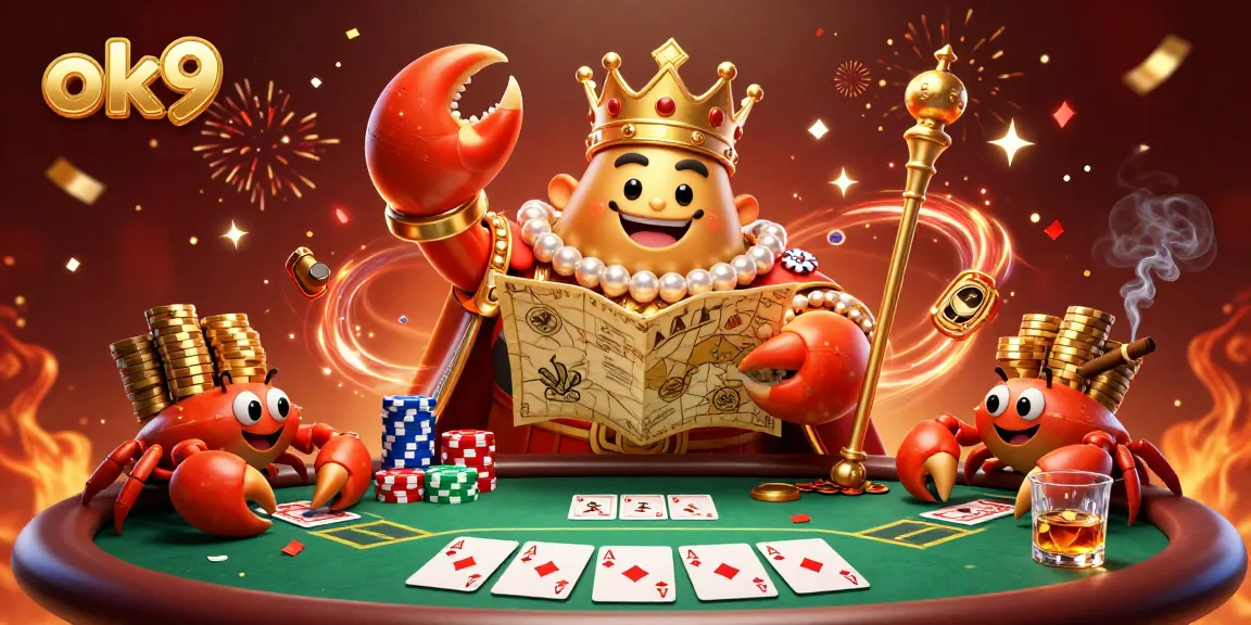 Experience the excitement of OK9 with vibrant poker action and a golden crab emperor in a detailed 3D illustration.
